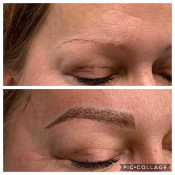 Pacientka před a po úpravě obočí japonskou metodou Microblading